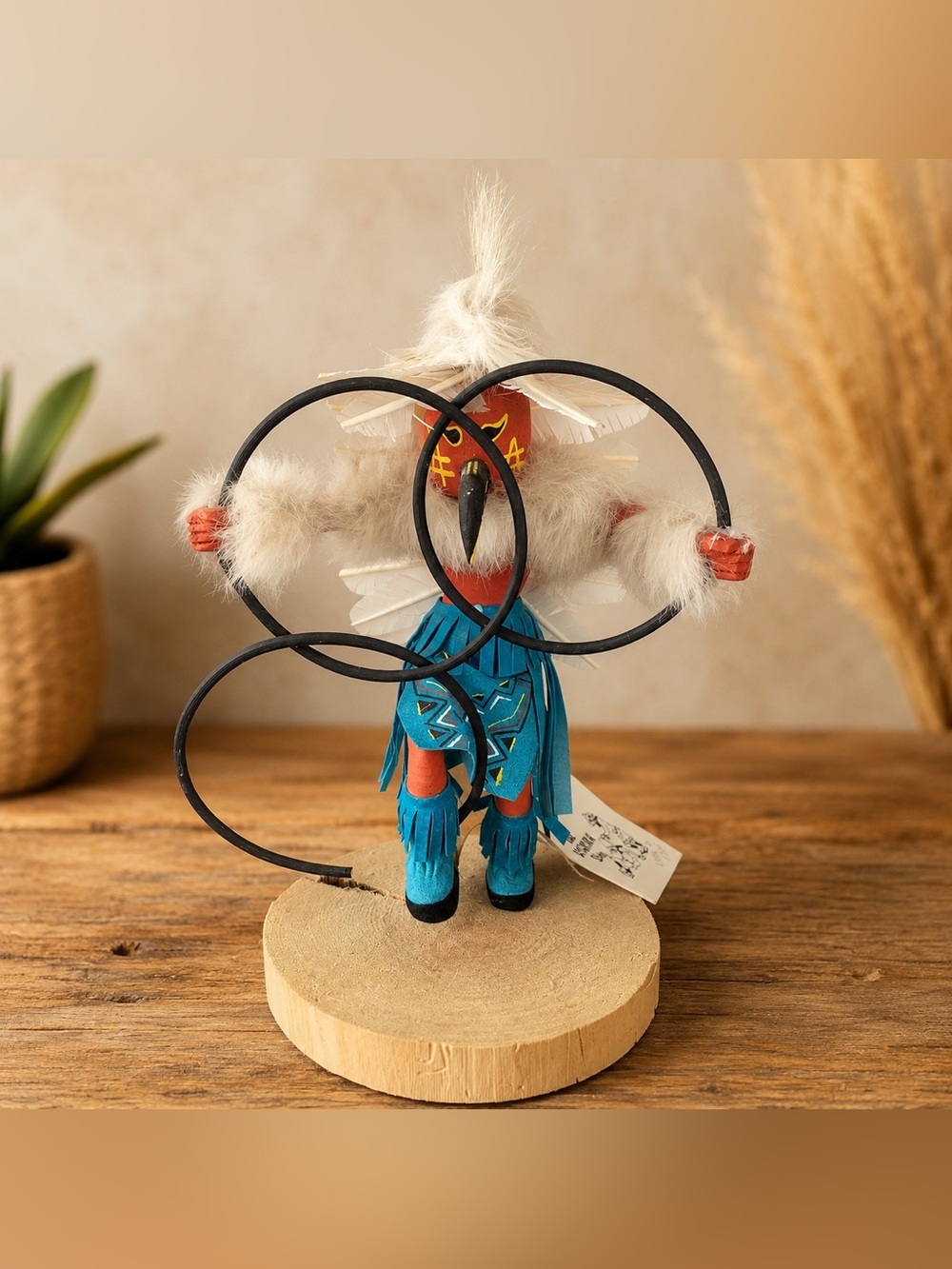 Southwestern Kachina Style Hoop Dancer Figure Wood Base Feather Turquoise Decor